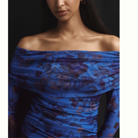 Nwt Maeve Blue Floral Off-Shoulder mesh Top - Picture 2 of 7